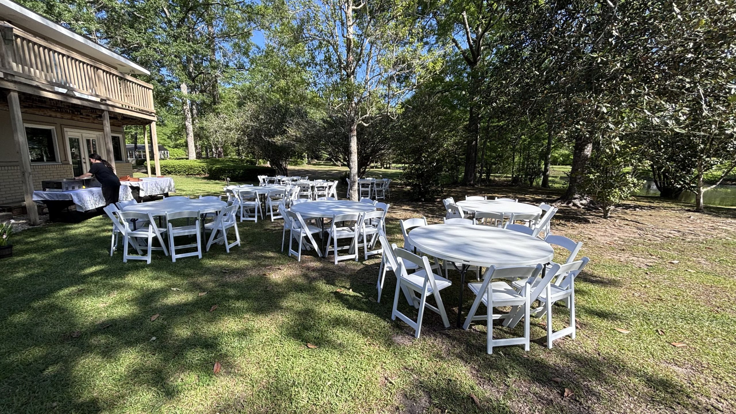 round tables and chairs set up for wedding